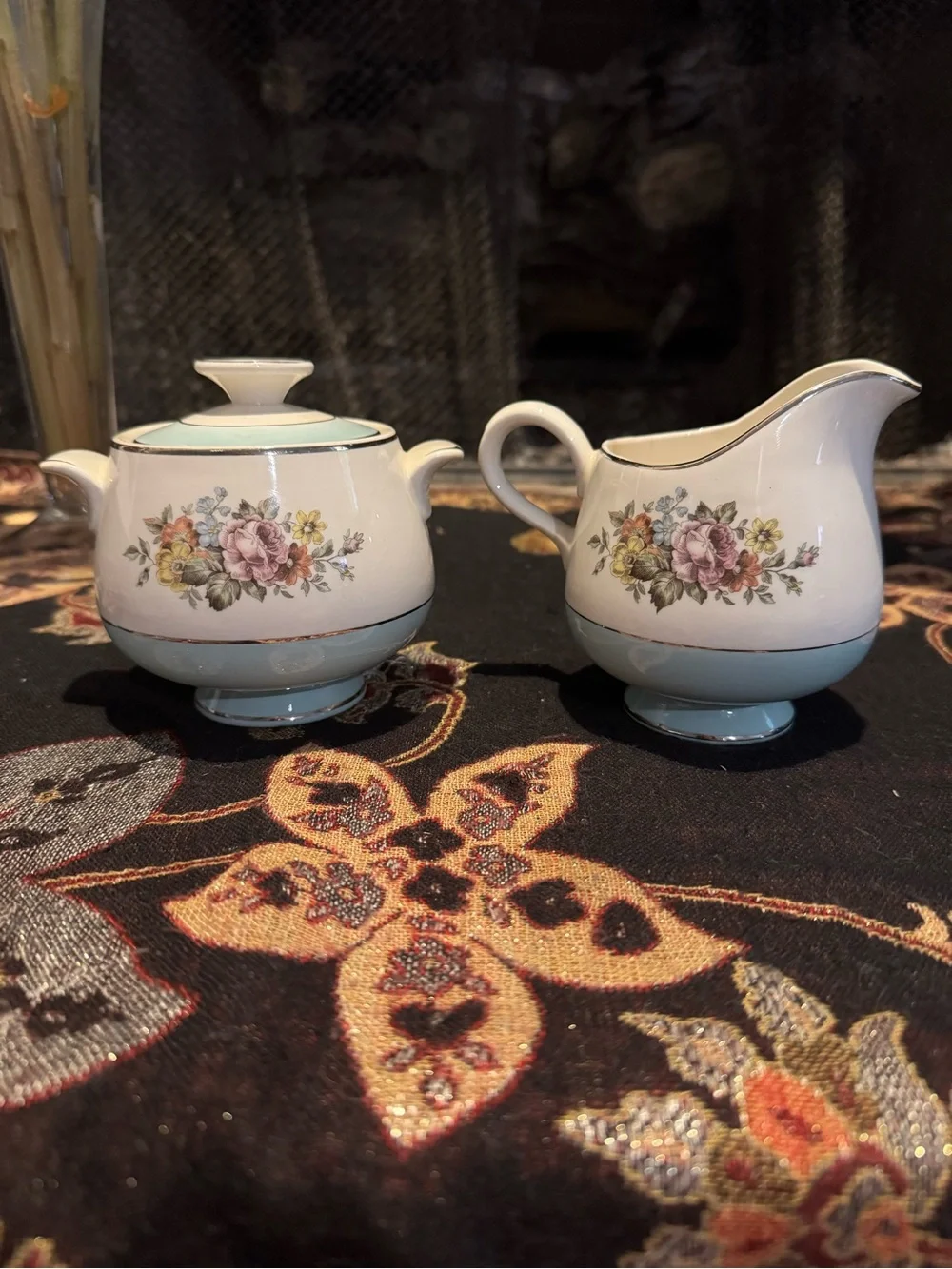 Cunningham Pickett DANUBE Bouquet Aqua band Sugar Creamer Set
